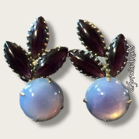 Vintage Opalescent and Ruby Glass Dangle Earrings | Gold-Toned Metal - Picture 1 of 12